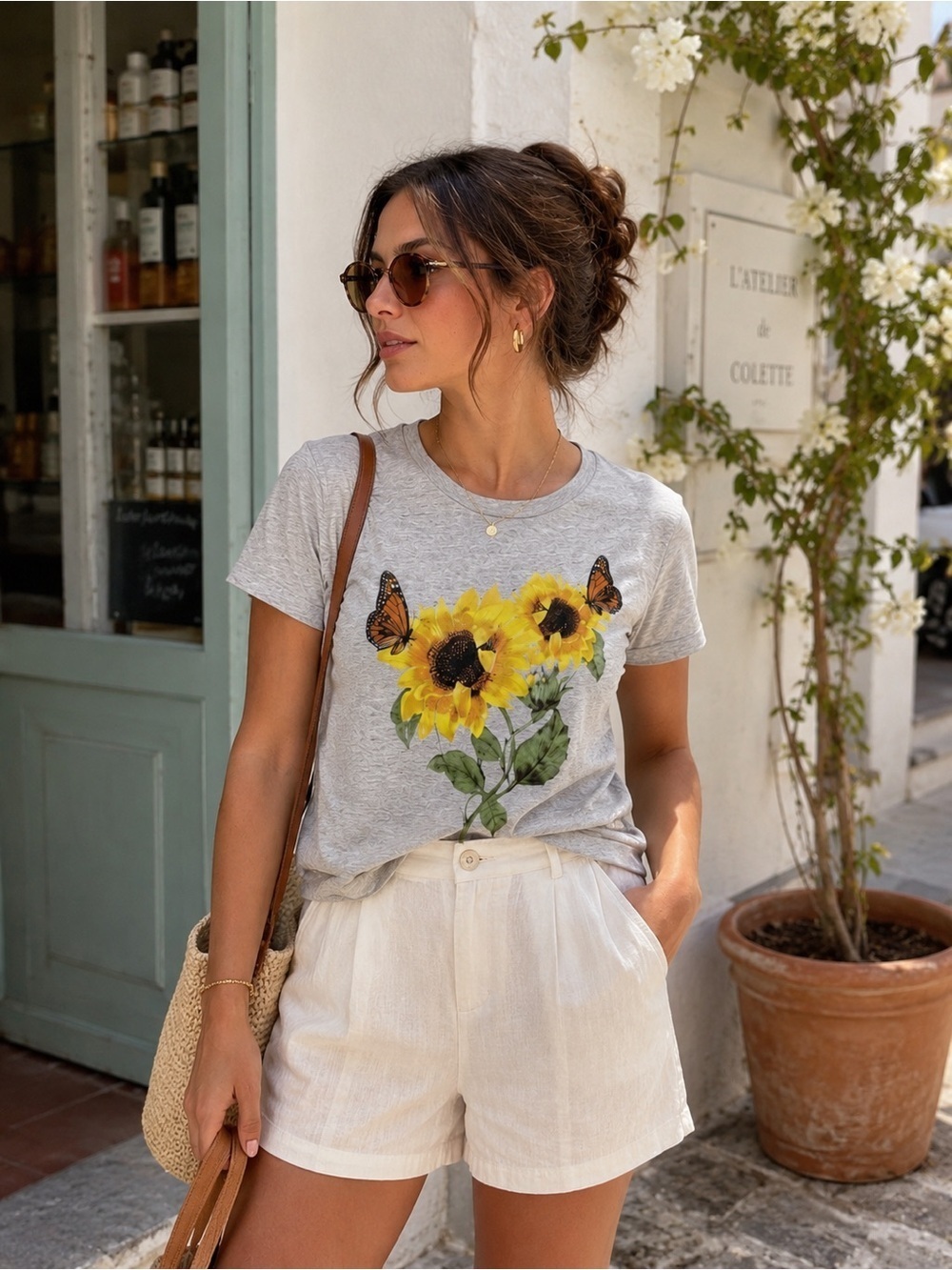 Grayson Threads Sunflower Butterfly Cotton Blend Light Gray Short Sleeve Tee S
